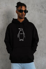 Erkek Nihilist Penguen Baskılı 3 İplik Pamuklu Kapüşonlu Sweatshirt Hoodie Siyah