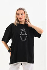 Kadın T-Shirt Nihilist Penguen Baskılı Bisiklet Yaka Kısa kol yazlık Tişört - Siyah