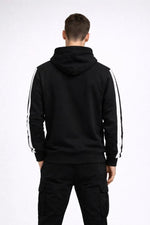 Erkek Şeritli Kapüşonlu Sweatshirt Oversize 3 iplik Pamuklu Hoodie - Siyah