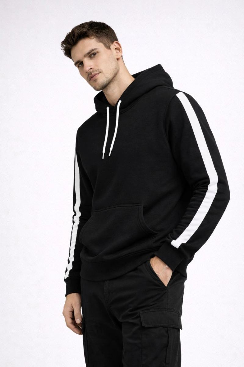 Erkek Şeritli Kapüşonlu Sweatshirt Oversize 3 iplik Pamuklu Hoodie - Siyah