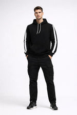 Erkek Şeritli Kapüşonlu Sweatshirt Oversize 3 iplik Pamuklu Hoodie - Siyah