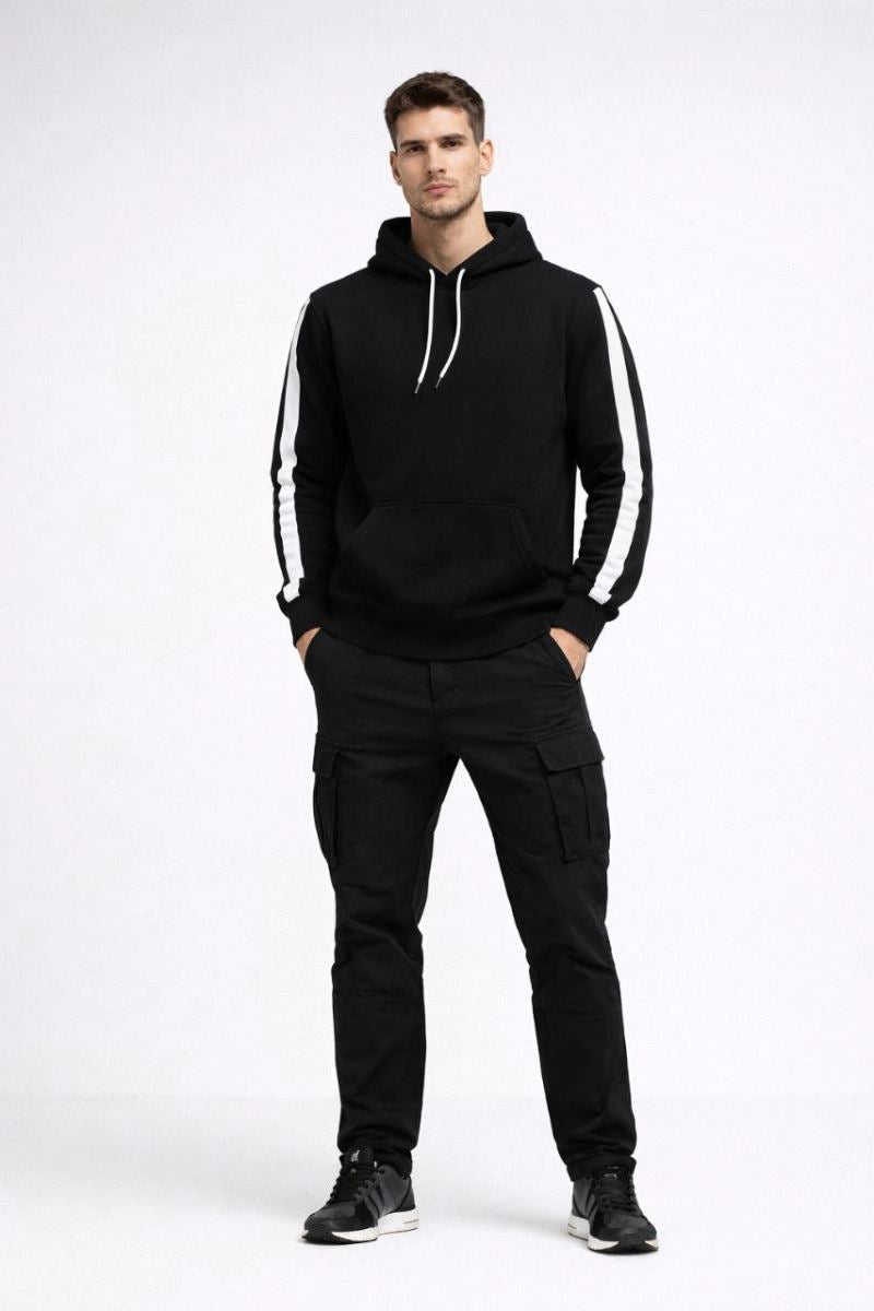 Erkek Şeritli Kapüşonlu Sweatshirt Oversize 3 iplik Pamuklu Hoodie - Siyah
