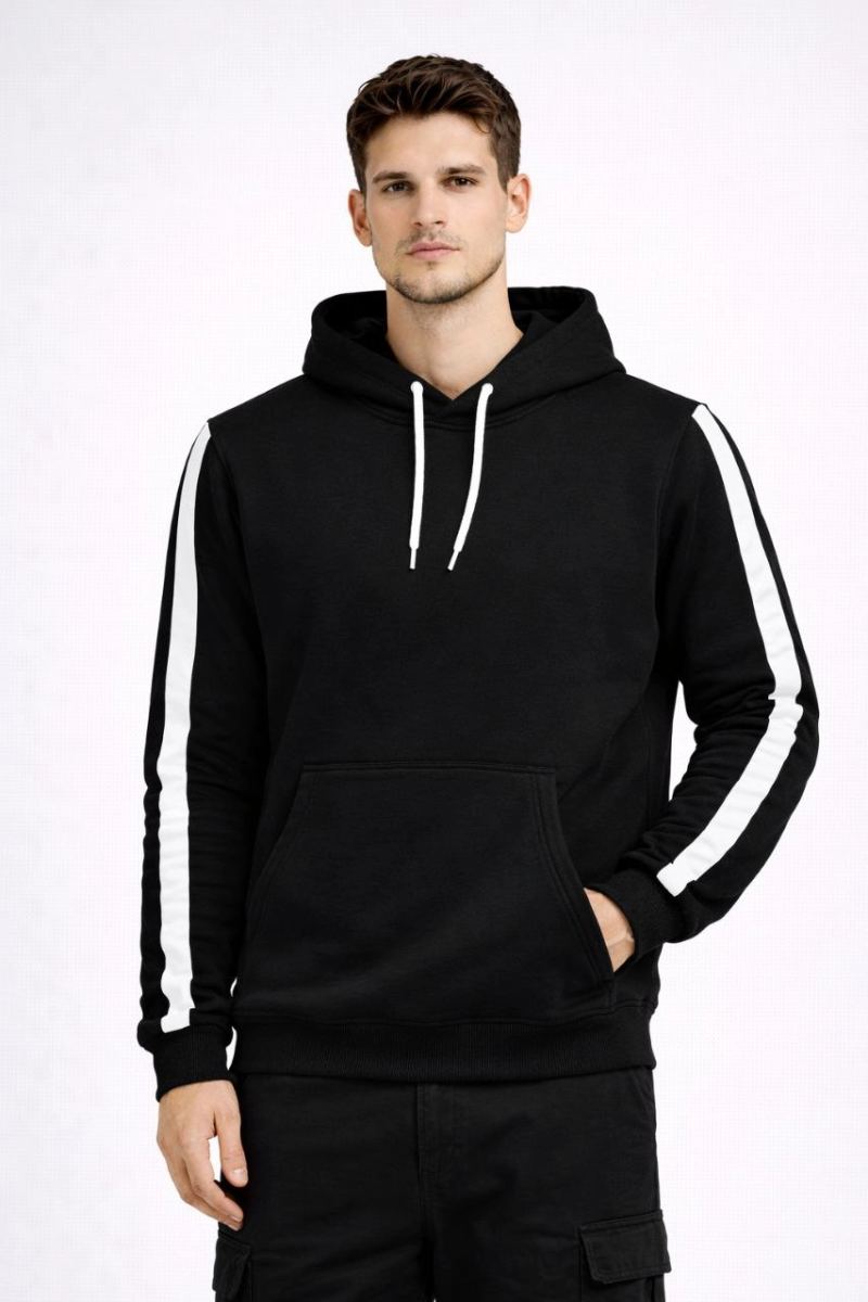 Erkek Şeritli Kapüşonlu Sweatshirt Oversize 3 iplik Pamuklu Hoodie - Siyah