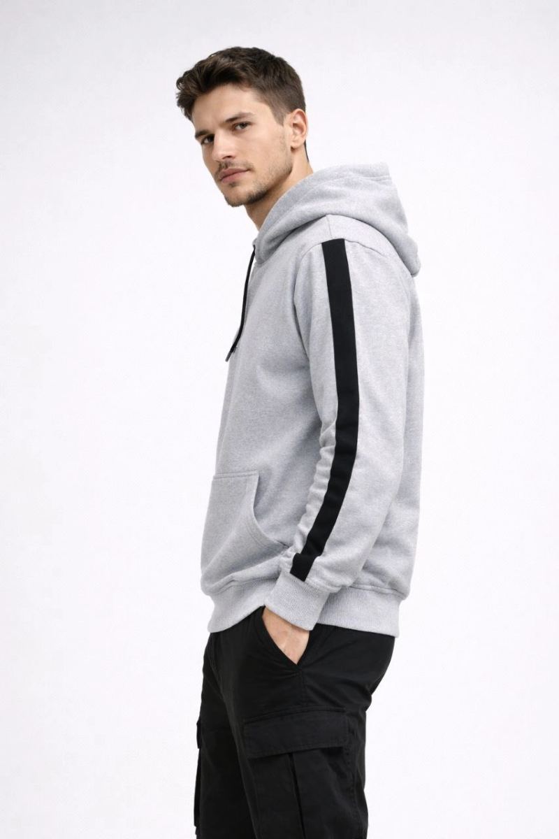 Erkek Şeritli Kapüşonlu Oversize Sweatshirt 3 iplik Pamuklu hoodie - Beyaz