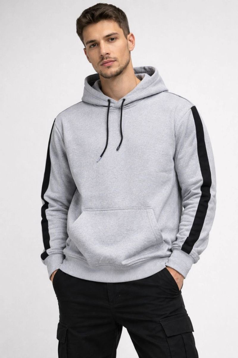 Erkek Şeritli Kapüşonlu Oversize Sweatshirt 3 iplik Pamuklu hoodie - Beyaz