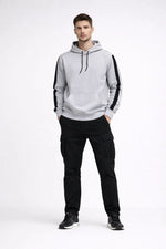 Erkek Şeritli Kapüşonlu Oversize Sweatshirt 3 iplik Pamuklu hoodie - Beyaz