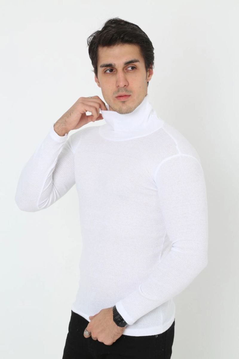 Erkek Fitilli Kaşkorse Kumaş Boğazlı Full Likralı Slimfit Body - Beyaz