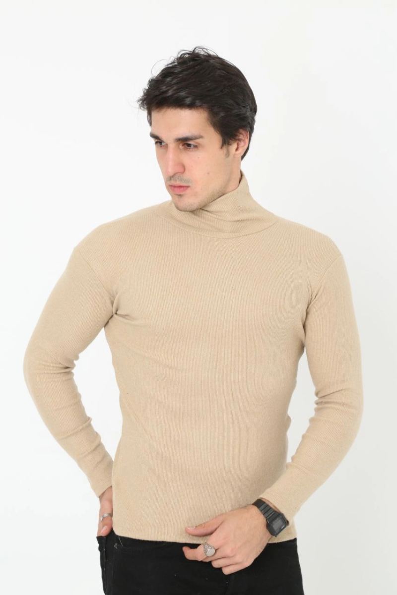 Erkek Fitilli Kaşkorse Kumaş Boğazlı Full Likralı Slimfit Body - Bej