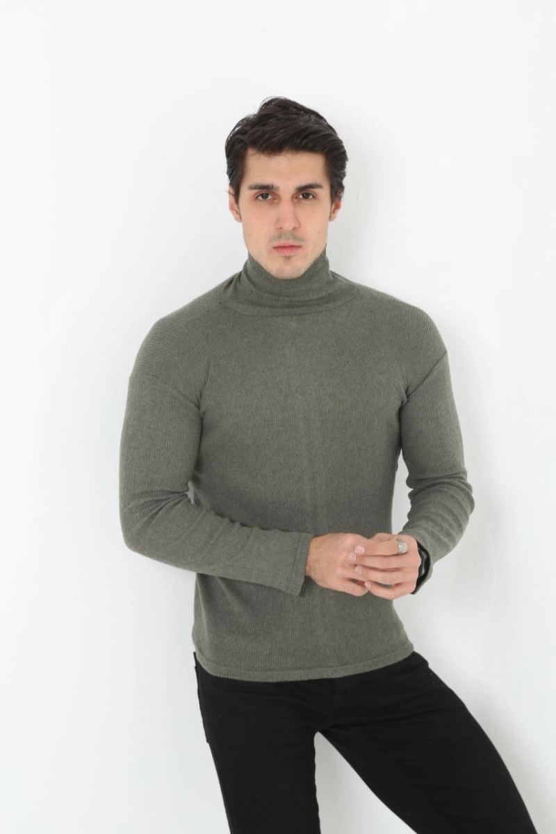 Erkek Fitilli Kaşkorse Kumaş Boğazlı Full Likralı Slimfit Body - Haki