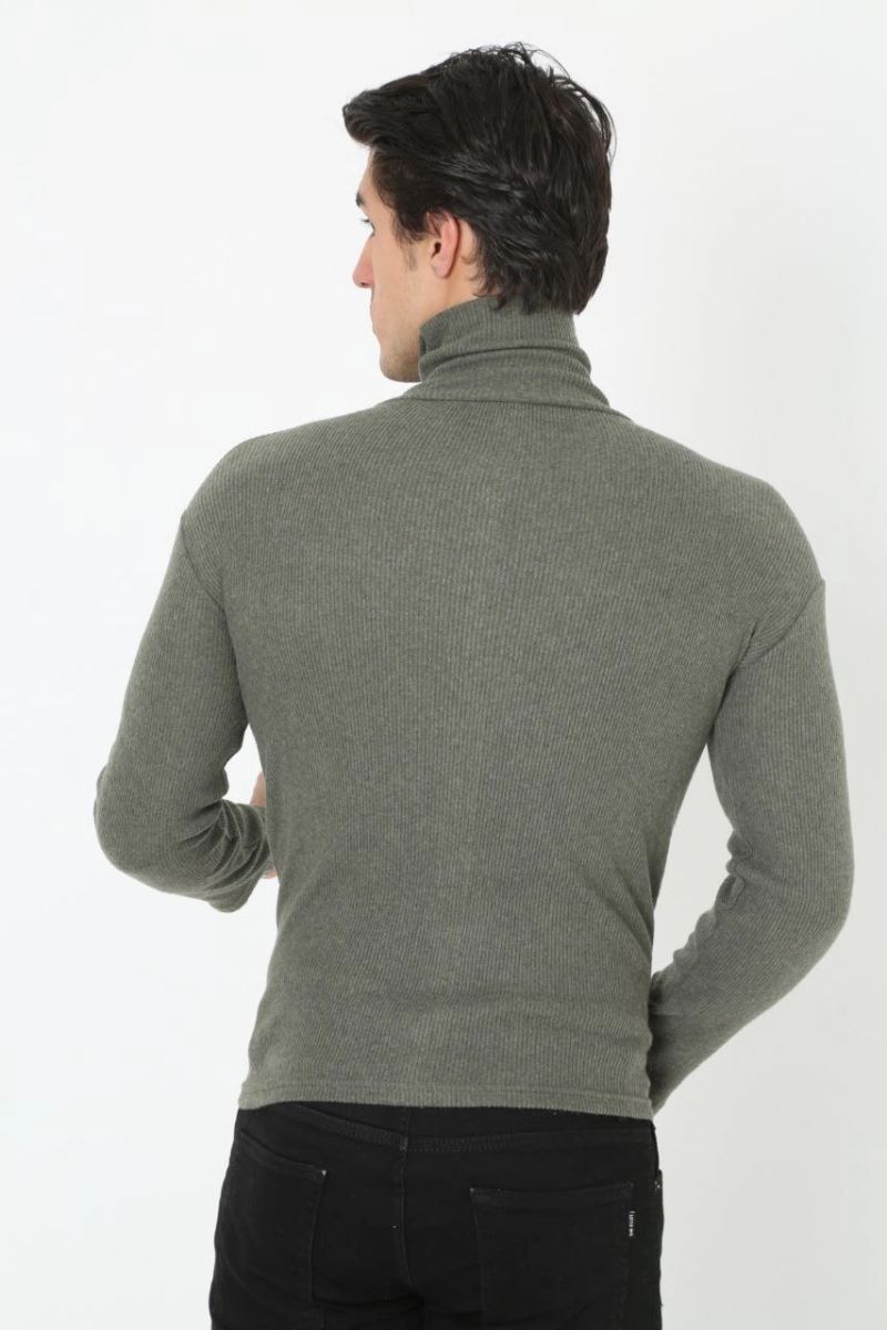 Erkek Fitilli Kaşkorse Kumaş Boğazlı Full Likralı Slimfit Body - Haki