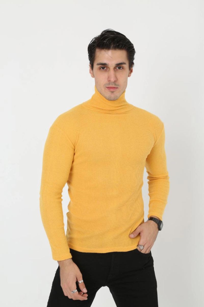 Erkek Fitilli Kaşkorse Kumaş Boğazlı Full Likralı Slimfit Body - Sarı