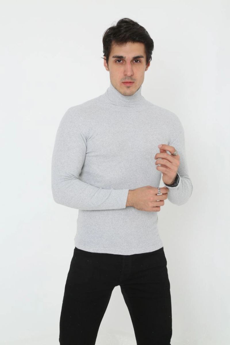 Erkek Fitilli Kaşkorse Kumaş Boğazlı Full Likralı Slimfit Body - Gri
