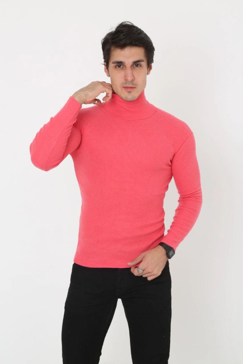 Erkek Fitilli Kaşkorse Kumaş Boğazlı Full Likralı Slimfit Body - Pembe