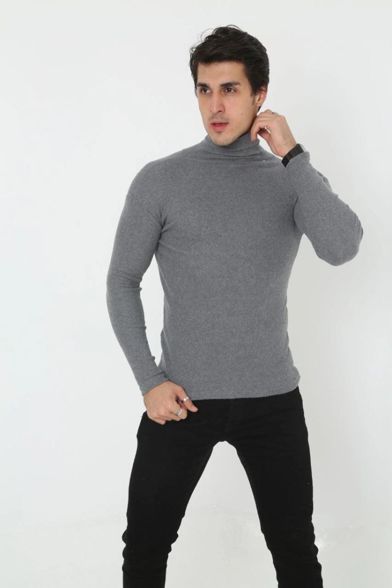Erkek Fitilli Kaşkorse Kumaş Boğazlı Full Likralı Slimfit Body - Füme