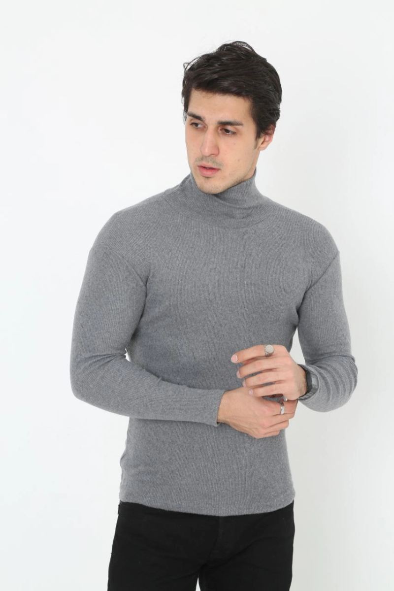 Erkek Fitilli Kaşkorse Kumaş Boğazlı Full Likralı Slimfit Body - Füme