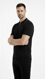 Erkek Kısa kol Fitilli Triko Polo Yaka Düğmesiz T-shirt 2'li Set Beyaz-Siyah