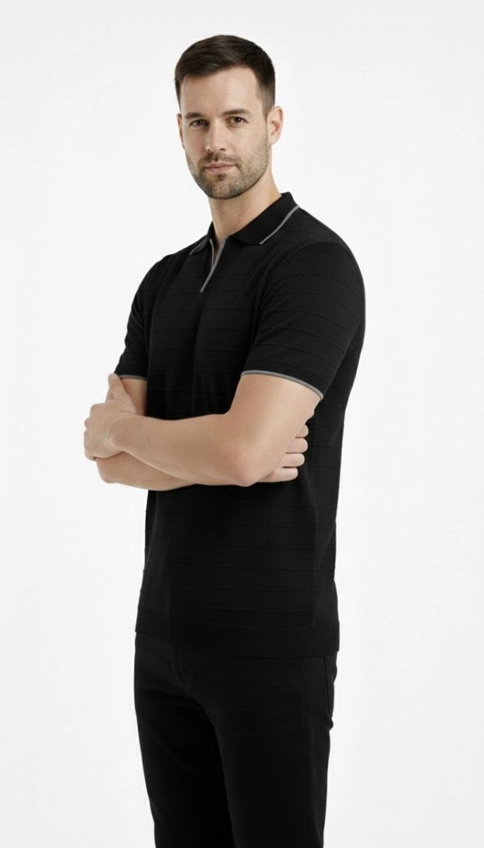 Erkek Kısa kol Fitilli Triko Polo Yaka Düğmesiz T-shirt 2'li Set Beyaz-Siyah