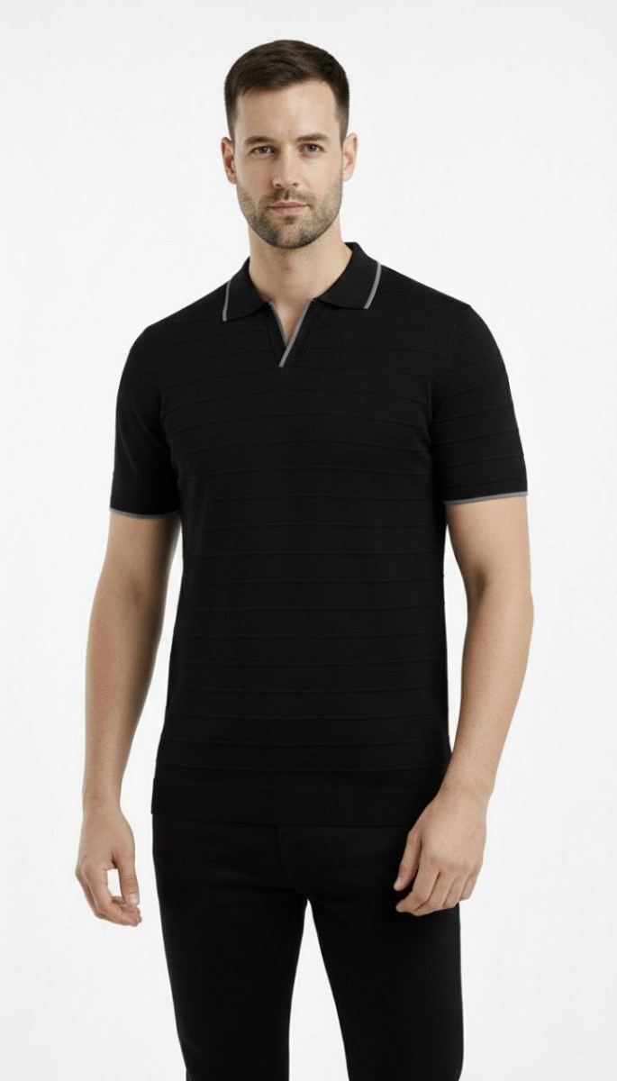 Erkek Kısa kol Fitilli Triko Polo Yaka Düğmesiz T-shirt 2'li Set Beyaz-Siyah