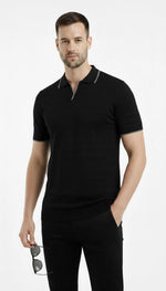 Erkek Kısa kol Fitilli Triko Polo Yaka Düğmesiz T-shirt 2'li Set Beyaz-Siyah