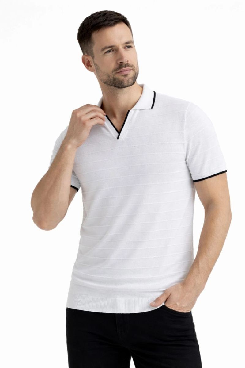 Erkek Kısa kol Fitilli Triko Polo Yaka Düğmesiz T-shirt 2'li Set Beyaz-Siyah