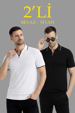 Erkek Kısa kol Fitilli Triko Polo Yaka Düğmesiz T-shirt 2'li Set Beyaz-Siyah