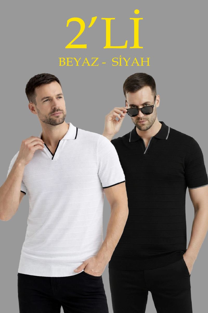 Erkek Kısa kol Fitilli Triko Polo Yaka Düğmesiz T-shirt 2'li Set Beyaz-Siyah