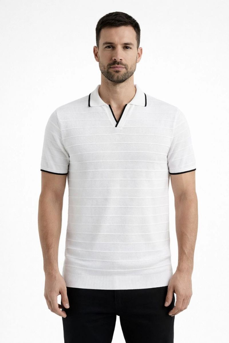 Erkek Kısa kol Fitilli Triko Polo Yaka Düğmesiz T-shirt 2'li Set Beyaz-Mint Yeşili