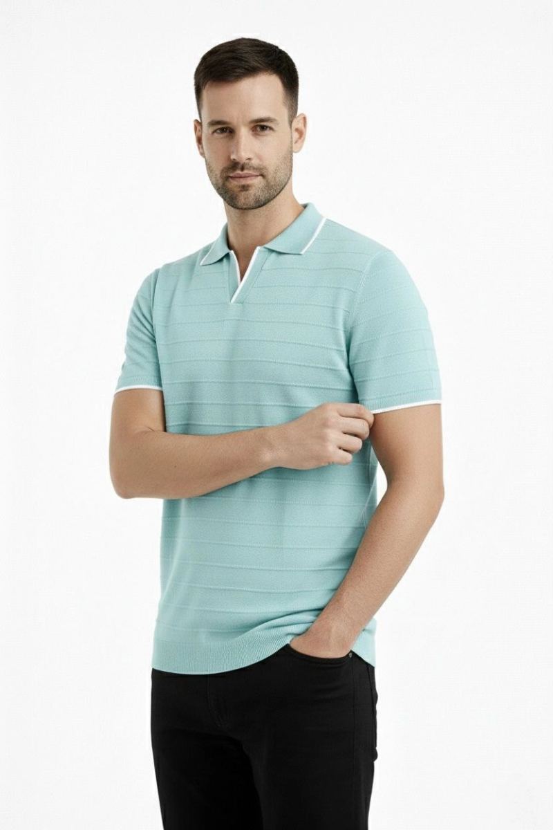 Erkek Kısa kol Fitilli Triko Polo Yaka Düğmesiz T-shirt 2'li Set Beyaz-Mint Yeşili