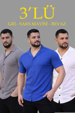 Erkek Waffle Kumaş Yakalı Kısa Kol Düğmeli Gömlek 3’lü Set Gri-Saks Mavisi-Beyaz