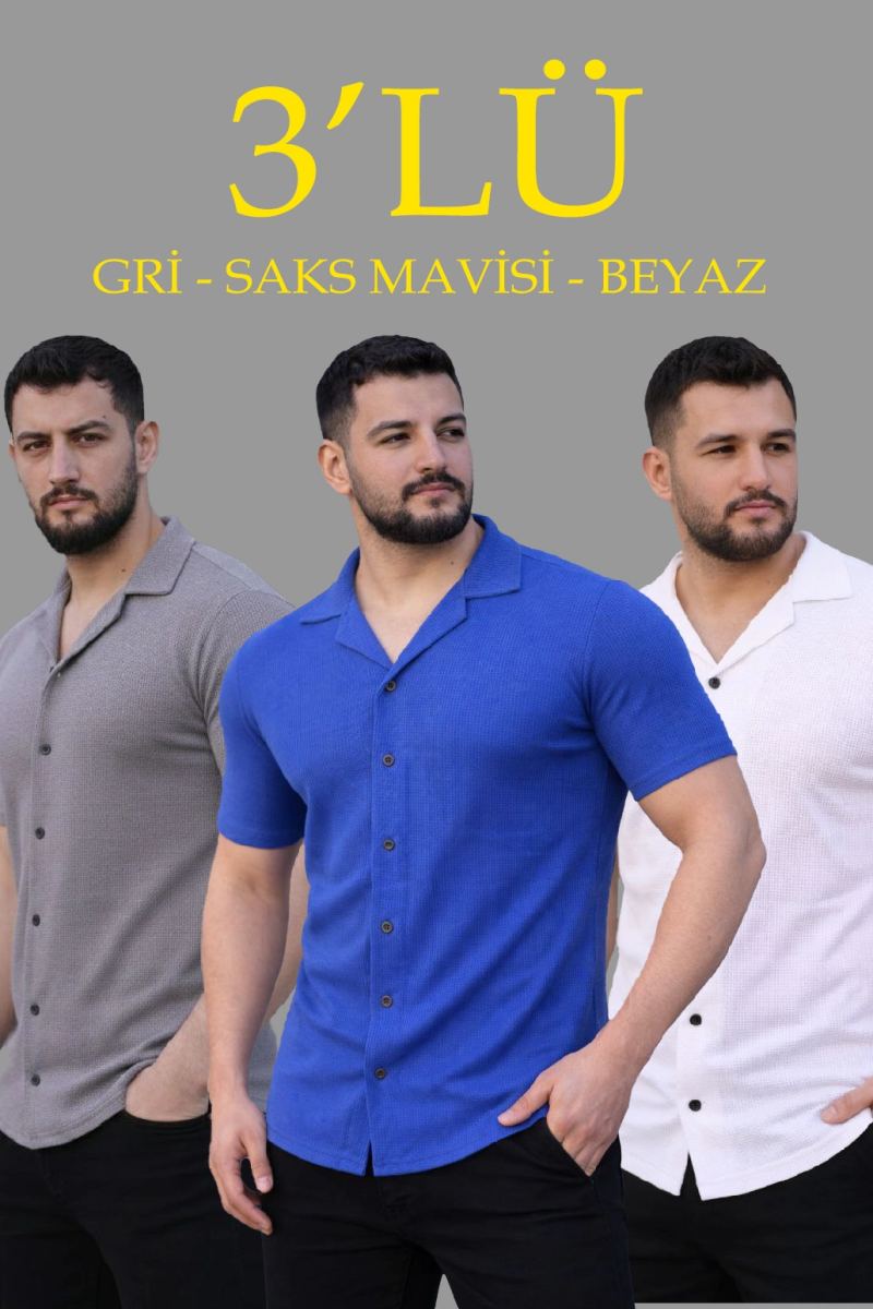 Erkek Waffle Kumaş Yakalı Kısa Kol Düğmeli Gömlek 3’lü Set Gri-Saks Mavisi-Beyaz
