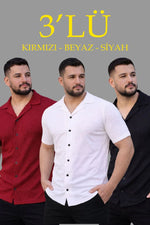 Erkek Waffle Kumaş Yakalı Kısa Kol Düğmeli Gömlek 3’lü Set Siyah-Kırmızı-Beyaz