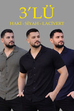 Erkek Waffle Kumaş Yakalı Kısa Kol Düğmeli Gömlek 3’lü Set Siyah-Haki-Lacivert