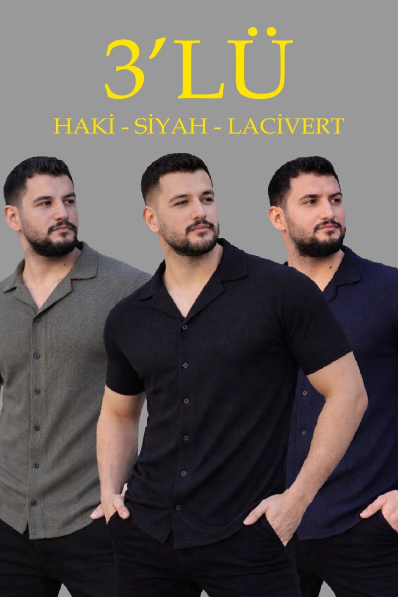 Erkek Waffle Kumaş Yakalı Kısa Kol Düğmeli Gömlek 3’lü Set Siyah-Haki-Lacivert