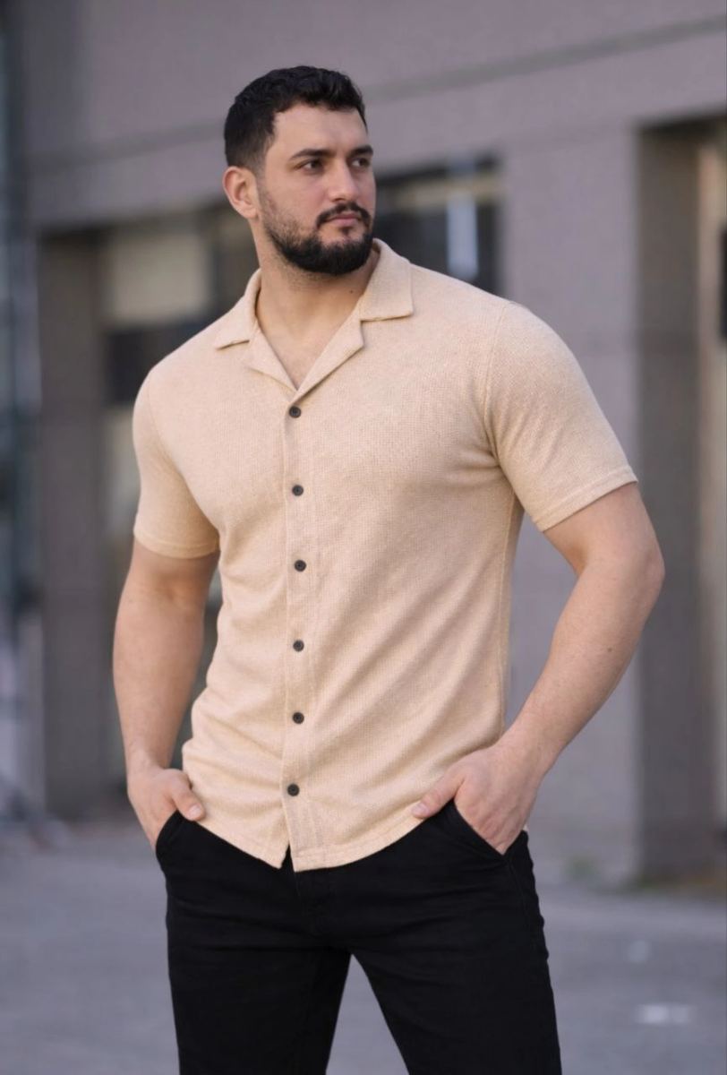 Erkek Waffle Kumaş Yakalı Kısa Kol Düğmeli Gömlek 3’lü Set Bej-Beyaz-Lacivert