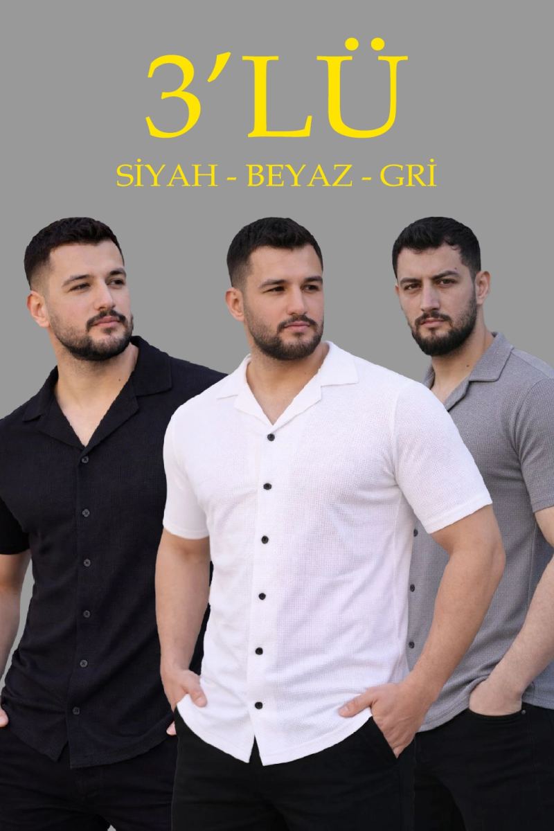 Erkek Waffle Kumaş Yazlık Yakalı Kısa Kol Düğmeli Gömlek 3’lü Set Siyah-Beyaz-Gri