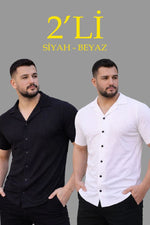 Erkek Waffle Kumaş Açık Yakalı Düğmeli Regular Fit Gömlek 2’li Set Siyah-Beyaz