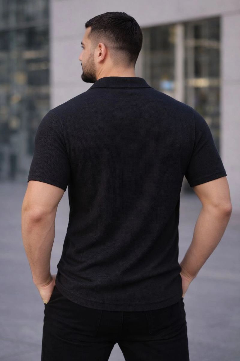 Erkek Waffle Kumaş Açık Yakalı Düğmeli Regular Fit Gömlek 2’li Set Siyah-Saks Mavisi
