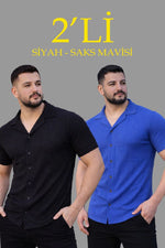 Erkek Waffle Kumaş Açık Yakalı Düğmeli Regular Fit Gömlek 2’li Set Siyah-Saks Mavisi