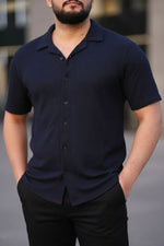 Erkek Waffle Kumaş Açık Yakalı Düğmeli Regular Fit Gömlek 2’li Set Lacivert-Gri