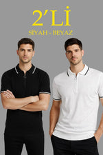 Erkek Triko Tişört Fermuarlı Polo Yaka Yazlık Kısa Kol T-Shirt 2’li Set Beyaz-Siyah