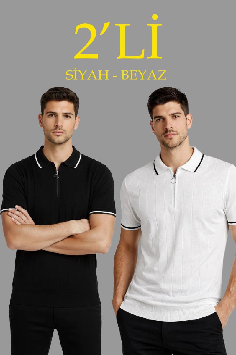 Erkek Triko Tişört Fermuarlı Polo Yaka Yazlık Kısa Kol T-Shirt 2’li Set Beyaz-Siyah