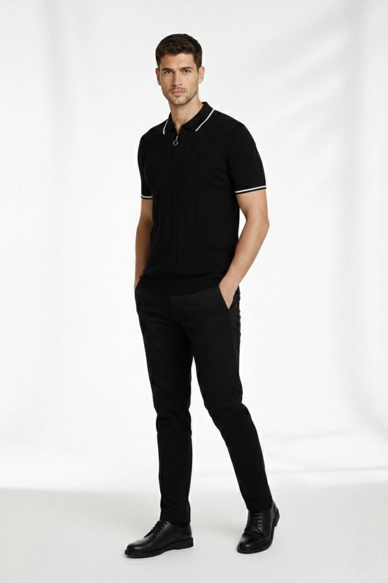 Erkek Triko Tişört Fermuarlı Polo Yaka Yazlık Kısa Kol T-Shirt 2’li Set Beyaz-Siyah