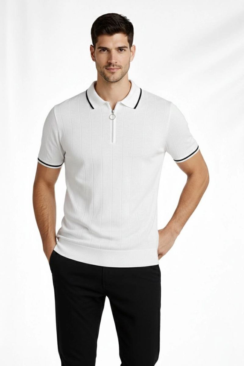 Erkek Triko Tişört Fermuarlı Polo Yaka Yazlık Kısa Kol T-Shirt 2’li Set Beyaz-Siyah