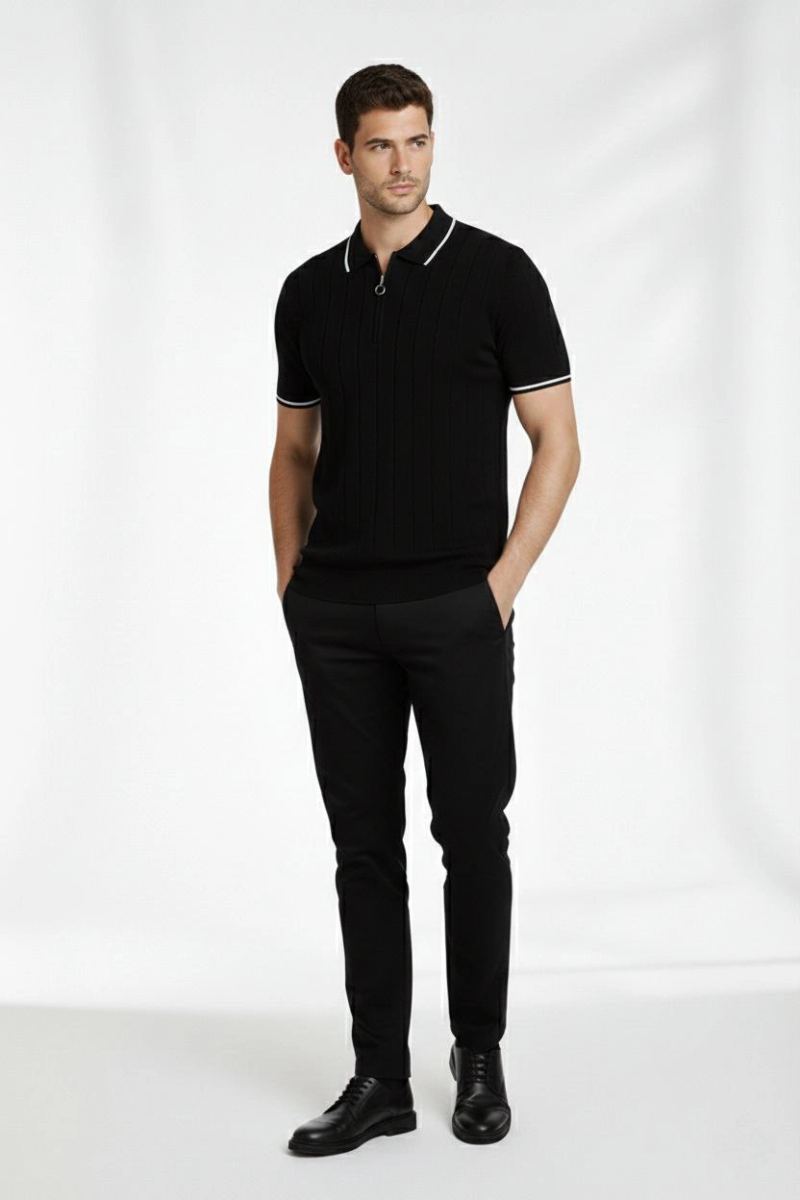 Erkek Triko Tişört Fermuarlı Polo Yaka Yazlık Kısa Kol T-Shirt 2’li Set Beyaz-Siyah