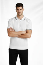 Erkek Triko Tişört Fermuarlı Polo Yaka Yazlık Kısa Kol T-Shirt 2’li Set Beyaz-Siyah
