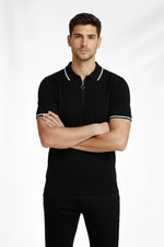 Erkek Triko Tişört Fermuarlı Polo Yakal Yazlık Kısa Kol T-Shirt 2’li Set Bej-Siyah