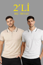 Erkek Dokuma Triko Tişört Fermuarlı Polo Yaka Yazlık Kısa Kol T-Shirt 2’li Set Bej-Beyaz