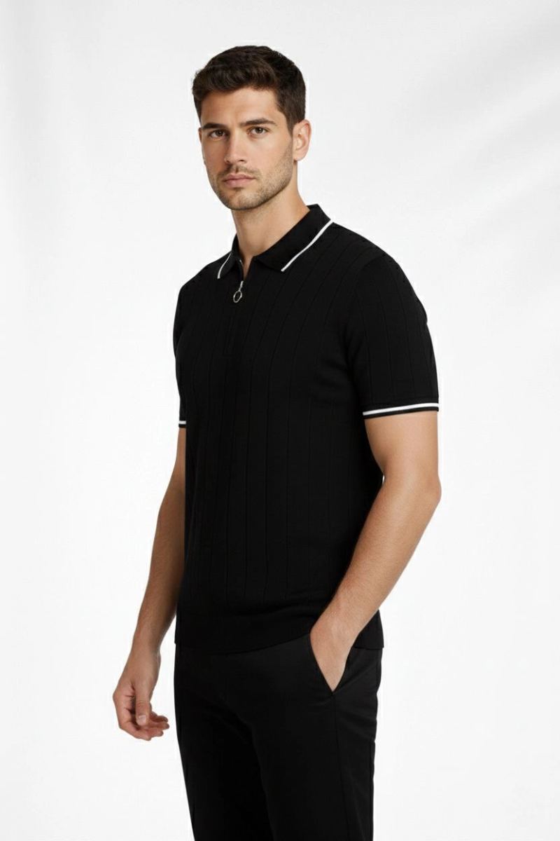 Erkek Triko Tişört Fermuarlı Polo Yaka Kısa Kol T-Shirt 3’lü Set Kahve-Siyah-Beyaz
