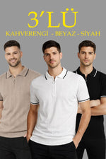 Erkek Triko Tişört Fermuarlı Polo Yaka Kısa Kol T-Shirt 3’lü Set Kahve-Siyah-Beyaz