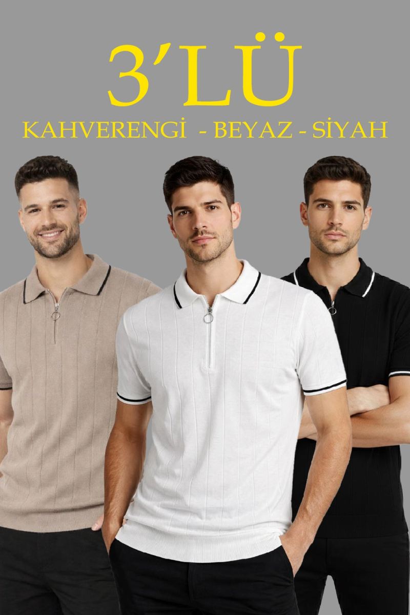 Erkek Triko Tişört Fermuarlı Polo Yaka Kısa Kol T-Shirt 3’lü Set Kahve-Siyah-Beyaz
